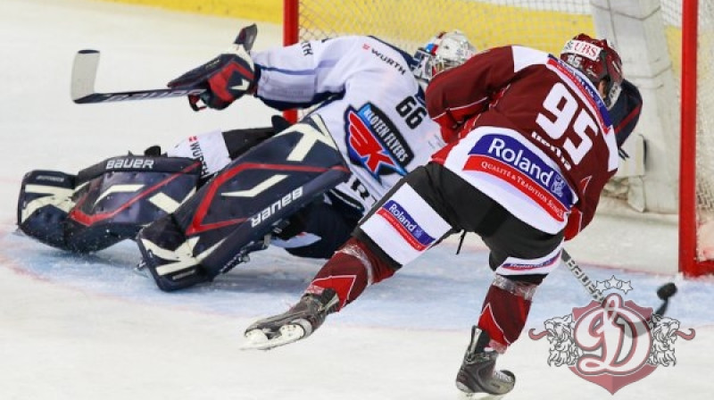 Juris Upītis "ieņem" Kloten Flyers vārtus. foto: dinamoriga.eu