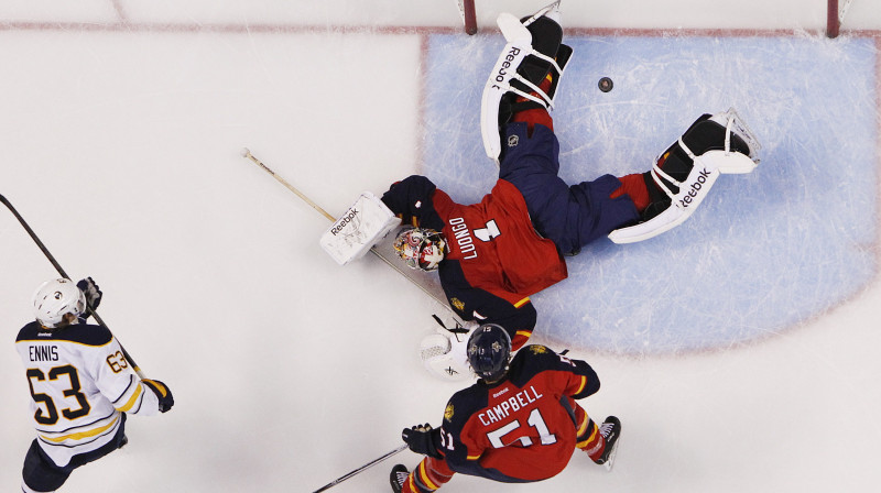 Arī šajā epizodē Roberto Luongo glāba "Panthers" no vārtu zaudējuma 
Foto: AFP/Scanpix