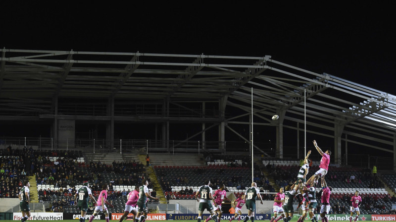 Epizode no vakardienas Lesteras "Tigers" un Parīzes "Stade Francais" spēles.
Foto: AFP/Scanpix