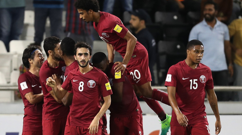 Kataras izlases futbolisti līksmo par vārtu guvumu
Foto: Karim Jaafar/AFP/Scanpix