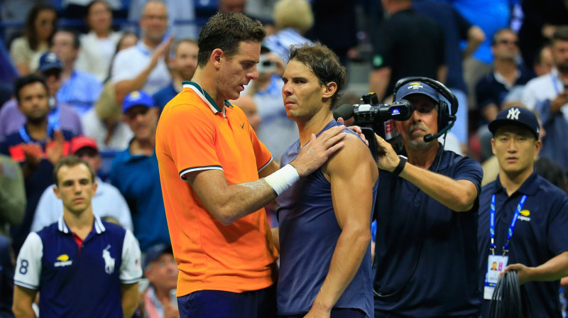 Huans Martins Del Potro un Rafaels Nadals 7. septembrī Ņujorkā. Abi nevarēs spēlēt "ATP Finals". Foto: AFP/Scanpix