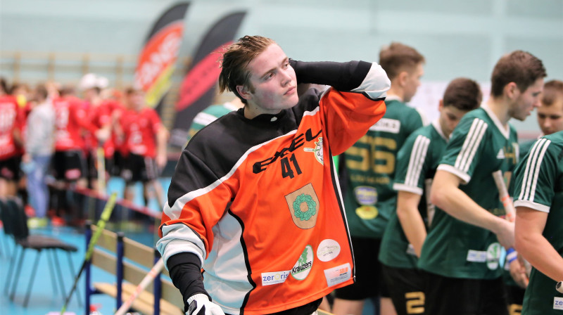 Talsu komandas vārtsargs Valters Kasjaņenko. Foto: Ritvars Raits, floorball.lv