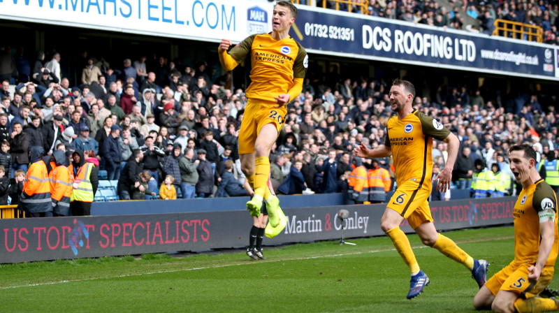 Braitonas "Hove & Albion" futbolisti svin vārtu guvumu. Foto: Steve Paston/PA Wire/PA Images/Scanpix