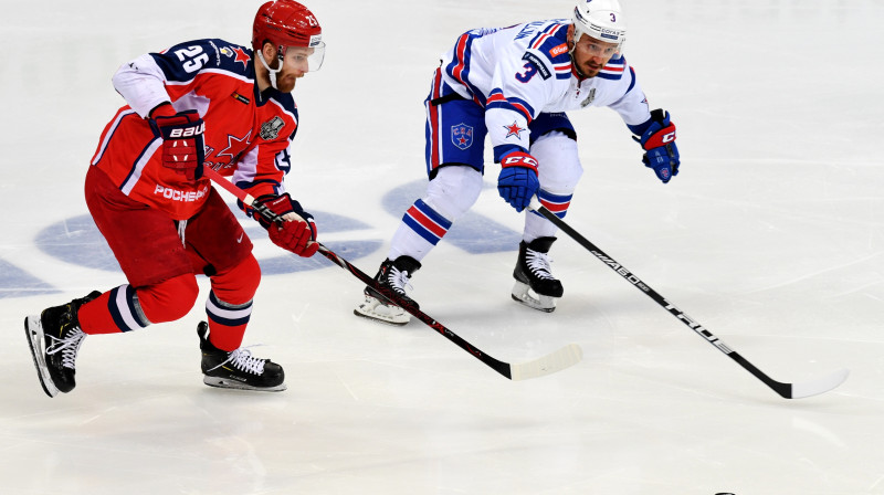 Mihails Grigorenko (CSKA) un Dinars Hafizuļins (SKA) cīņā par ripu. Foto: Grigory Sysoev/Sputnik/Scanpix