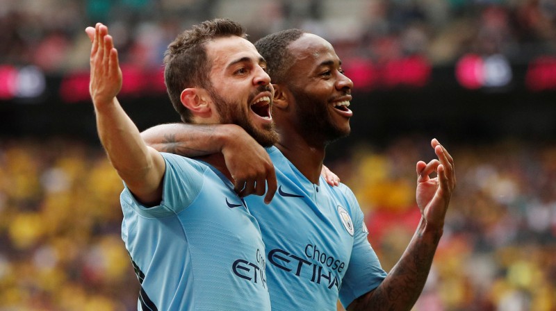 Bernardu Silva un Rahīms Stērlings. Foto: Reuters/Scanpix