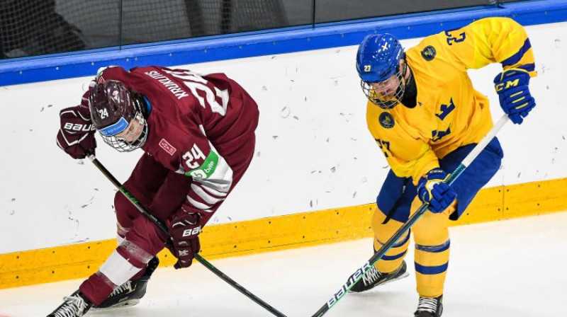 Mārtiņš Krūklītis PČ spēlē pret Zviedriju. Foto: IMAGO/Nordphoto/Scanpix