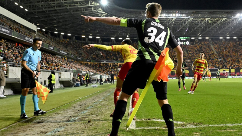Mirklis no Bjalistokas "Jagiellonia" un Briges "Cercle" spēles UEFA Eiropas Konferences līgas astotdaļfinālā. Foto: Jan de Meuleneir/Zumapress.com/Scanpix